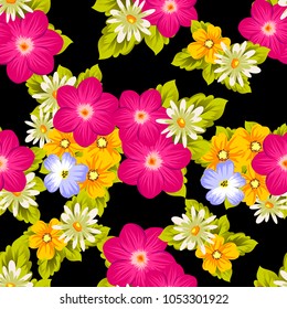 Beautiful seamless pattern of flowers on a black background. For your textile design, postcards, greeting for birthday, wedding and many more. Vector illustration.