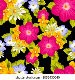 Beautiful seamless pattern of flowers on a black background. For your textile design, postcards, greeting for birthday, wedding and many more. Vector illustration.