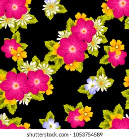 Beautiful seamless pattern of flowers on a black background. For your textile design, postcards, greeting for birthday, wedding and many more. Vector illustration.