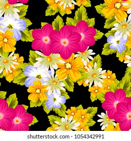 Beautiful seamless pattern of flowers on a black background. For your textile design, postcards, greeting for birthday, wedding and many more. Vector illustration.