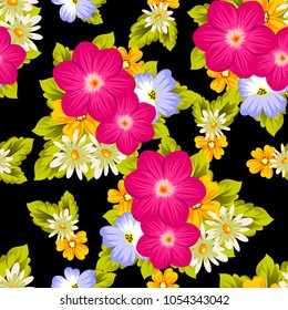 Beautiful seamless pattern of flowers on a black background. For your textile design, postcards, greeting for birthday, wedding and many more. Vector illustration.
