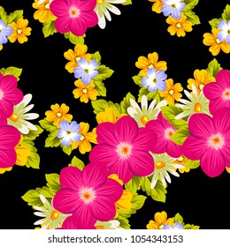 Beautiful seamless pattern of flowers on a black background. For your textile design, postcards, greeting for birthday, wedding and many more. Vector illustration.