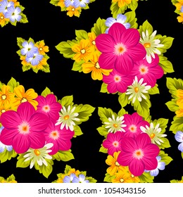 Beautiful seamless pattern of flowers on a black background. For your textile design, postcards, greeting for birthday, wedding and many more. Vector illustration.