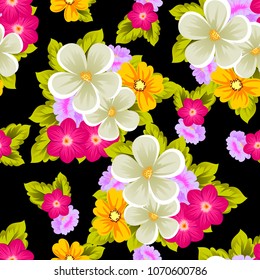 Beautiful seamless pattern of flowers on black background. For your fabric design, postcards, wedding invitations, birthday party, Valentine's day. Vector illustration.