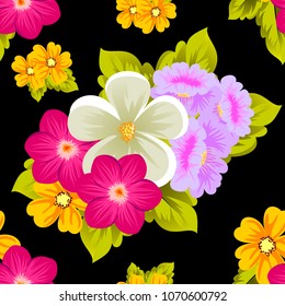 Beautiful seamless pattern of flowers on black background. For your fabric design, postcards, wedding invitations, birthday party, Valentine's day. Vector illustration.