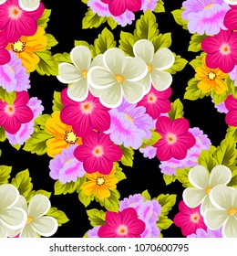 Beautiful seamless pattern of flowers on black background. For your fabric design, postcards, wedding invitations, birthday party, Valentine's day. Vector illustration.