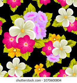 Beautiful seamless pattern of flowers on black background. For your fabric design, postcards, wedding invitations, birthday party, Valentine's day. Vector illustration.