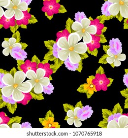 Beautiful seamless pattern of flowers on black background. For your fabric design, postcards, wedding invitations, birthday party, Valentine's day. Vector illustration.