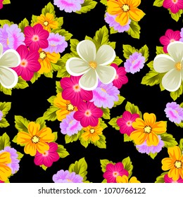 Beautiful seamless pattern of flowers on black background. For your fabric design, postcards, wedding invitations, birthday party, Valentine's day. Vector illustration.