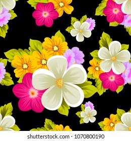 Beautiful seamless pattern of flowers on black background. For your fabric design, postcards, wedding invitations, birthday party, Valentine's day. Vector illustration.