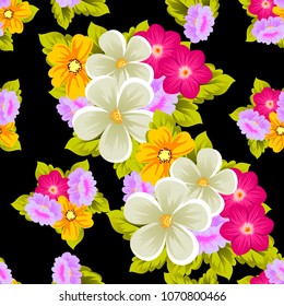 Beautiful seamless pattern of flowers on black background. For your fabric design, postcards, wedding invitations, birthday party, Valentine's day. Vector illustration.