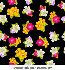 Beautiful seamless pattern of flowers on black background. For your fabric design, postcards, wedding invitations, birthday party, Valentine's day. Vector illustration.