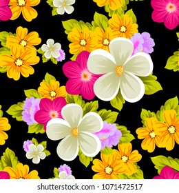 Beautiful seamless pattern of flowers on black background. For your fabric design, postcards, wedding invitations, birthday party, Valentine's day. Vector illustration.