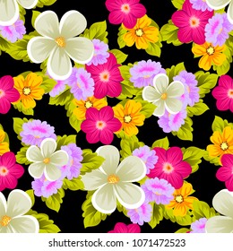 Beautiful seamless pattern of flowers on black background. For your fabric design, postcards, wedding invitations, birthday party, Valentine's day. Vector illustration.