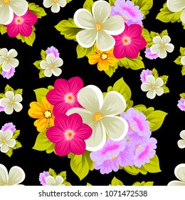 Beautiful seamless pattern of flowers on black background. For your fabric design, postcards, wedding invitations, birthday party, Valentine's day. Vector illustration.