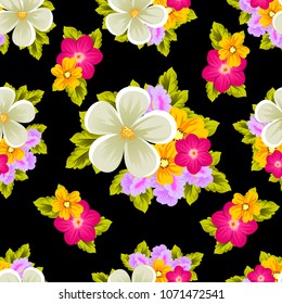 Beautiful seamless pattern of flowers on black background. For your fabric design, postcards, wedding invitations, birthday party, Valentine's day. Vector illustration.