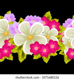 Beautiful seamless pattern of flowers on black background. For your fabric design, postcards, wedding invitations, birthday party, Valentine's day. Vector illustration.
