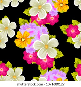 Beautiful seamless pattern of flowers on black background. For your fabric design, postcards, wedding invitations, birthday party, Valentine's day. Vector illustration.