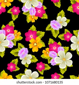 Beautiful seamless pattern of flowers on black background. For your fabric design, postcards, wedding invitations, birthday party, Valentine's day. Vector illustration.