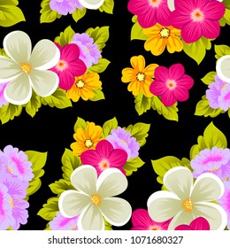 Beautiful seamless pattern of flowers on black background. For your fabric design, postcards, wedding invitations, birthday party, Valentine's day. Vector illustration.