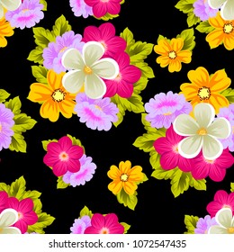 Beautiful seamless pattern of flowers on black background. For your fabric design, postcards, wedding invitations, birthday party, Valentine's day. Vector illustration.