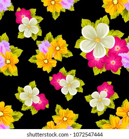 Beautiful seamless pattern of flowers on black background. For your fabric design, postcards, wedding invitations, birthday party, Valentine's day. Vector illustration.