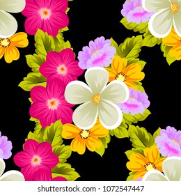 Beautiful seamless pattern of flowers on black background. For your fabric design, postcards, wedding invitations, birthday party, Valentine's day. Vector illustration.