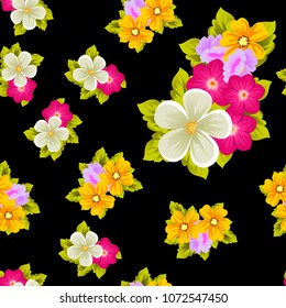 Beautiful seamless pattern of flowers on black background. For your fabric design, postcards, wedding invitations, birthday party, Valentine's day. Vector illustration.