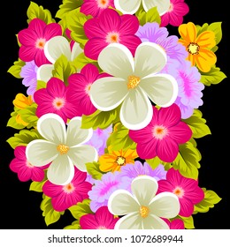 Beautiful seamless pattern of flowers on black background. For your fabric design, postcards, wedding invitations, birthday party, Valentine's day. Vector illustration.