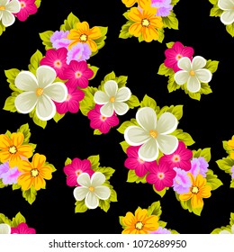 Beautiful seamless pattern of flowers on black background. For your fabric design, postcards, wedding invitations, birthday party, Valentine's day. Vector illustration.