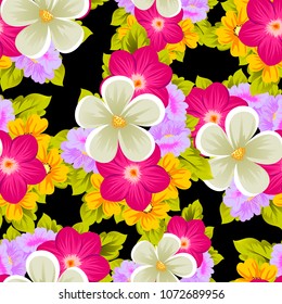 Beautiful seamless pattern of flowers on black background. For your fabric design, postcards, wedding invitations, birthday party, Valentine's day. Vector illustration.