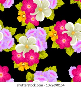 Beautiful seamless pattern of flowers on black background. For your fabric design, postcards, wedding invitations, birthday party, Valentine's day. Vector illustration.