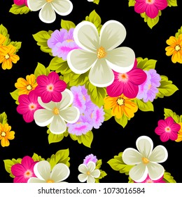 Beautiful seamless pattern of flowers on black background. For your fabric design, postcards, wedding invitations, birthday party, Valentine's day. Vector illustration.