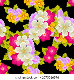 Beautiful seamless pattern of flowers on black background. For your fabric design, postcards, wedding invitations, birthday party, Valentine's day. Vector illustration.
