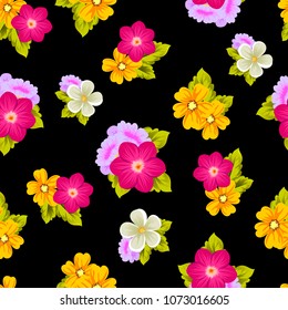 Beautiful seamless pattern of flowers on black background. For your fabric design, postcards, wedding invitations, birthday party, Valentine's day. Vector illustration.