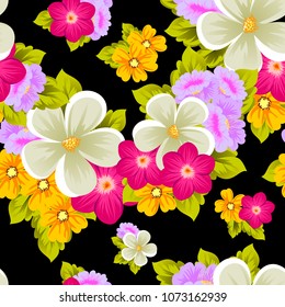 Beautiful seamless pattern of flowers on black background. For your fabric design, postcards, wedding invitations, birthday party, Valentine's day. Vector illustration.