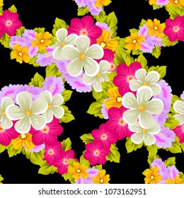 Beautiful seamless pattern of flowers on black background. For your fabric design, postcards, wedding invitations, birthday party, Valentine's day. Vector illustration.