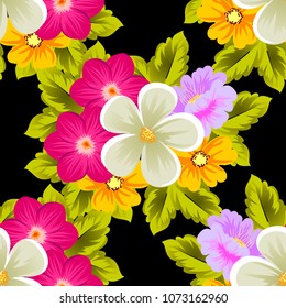Beautiful seamless pattern of flowers on black background. For your fabric design, postcards, wedding invitations, birthday party, Valentine's day. Vector illustration.