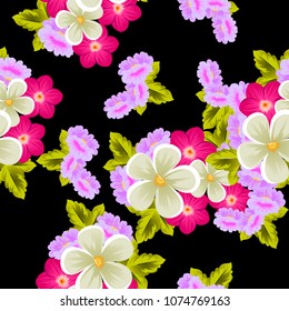 Beautiful seamless pattern of flowers on black background. For your fabric design, postcards, wedding invitations, birthday party, Valentine's day. Vector illustration.