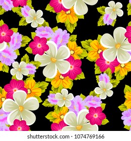 Beautiful seamless pattern of flowers on black background. For your fabric design, postcards, wedding invitations, birthday party, Valentine's day. Vector illustration.