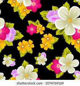 Beautiful seamless pattern of flowers on black background. For your fabric design, postcards, wedding invitations, birthday party, Valentine's day. Vector illustration.