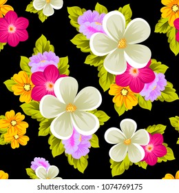 Beautiful seamless pattern of flowers on black background. For your fabric design, postcards, wedding invitations, birthday party, Valentine's day. Vector illustration.