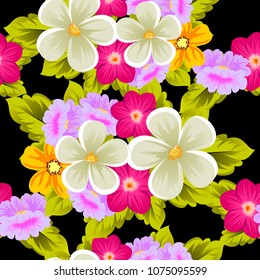 Beautiful seamless pattern of flowers on black background. For your fabric design, postcards, wedding invitations, birthday party, Valentine's day. Vector illustration.