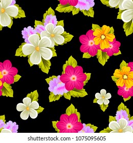 Beautiful seamless pattern of flowers on black background. For your fabric design, postcards, wedding invitations, birthday party, Valentine's day. Vector illustration.