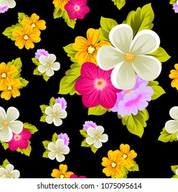 Beautiful seamless pattern of flowers on black background. For your fabric design, postcards, wedding invitations, birthday party, Valentine's day. Vector illustration.