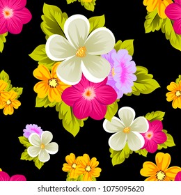 Beautiful seamless pattern of flowers on black background. For your fabric design, postcards, wedding invitations, birthday party, Valentine's day. Vector illustration.