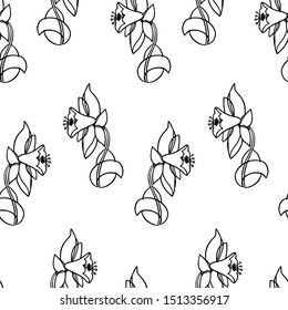 Beautiful seamless pattern with flowers on a white isolated background. Vector black and white illustration. Design suitable for fabric, wallpaper, wrapping paper, posters.