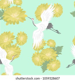 Beautiful seamless pattern with flying crane bird t the background of yellow asters. For decorating textiles, packaging and wallpaper. Vector illustration.