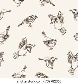 Beautiful seamless pattern with flying and sitting sparrows on light background. Backdrop with cute small city bird. Colored vector illustration for wallpaper, textile print, wrapping paper.