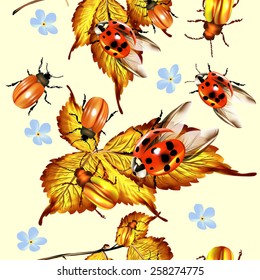 Beautiful seamless pattern with foliage and beetles
